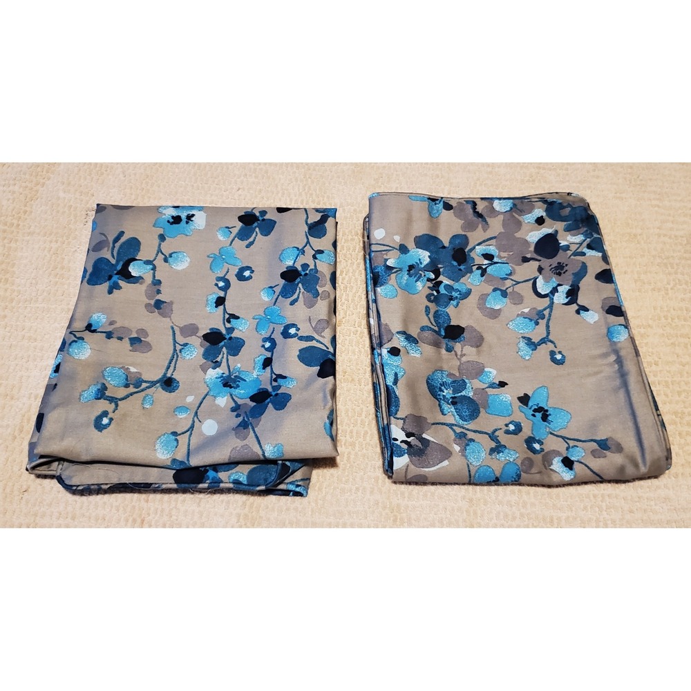 Alamode Home Blue Floral Cotton Pillowcase Set of 2 Taupe Grey Piped Standard